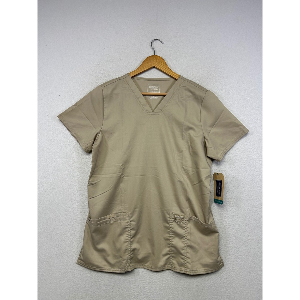 Medical Nursing Cherokee Workwear Womens Medium Tan Khaki Revolution Scrub Top